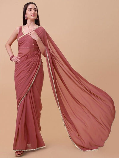 Pink & Gold-Toned Sequinned Saree - Inddus.in