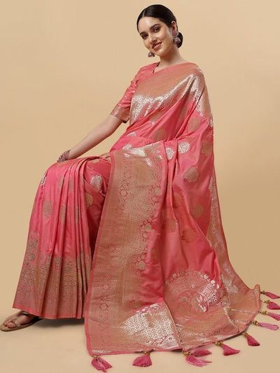 Pink & Gold-Toned Woven Design Zari Silk Blend Saree - Inddus.in