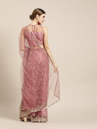 Pink & Golden Net Embellished Saree - Inddus