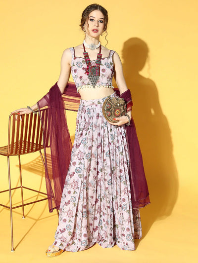 Pink & Maroon Floral Printed Semi-Stitched Lehenga & Unstitched Choli With Dupatta - Inddus.in