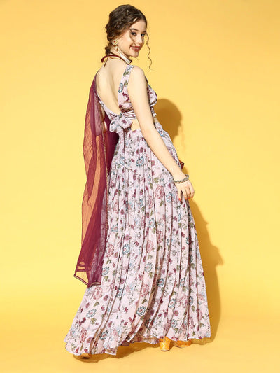 Pink & Maroon Floral Printed Semi-Stitched Lehenga & Unstitched Choli With Dupatta - Inddus.in
