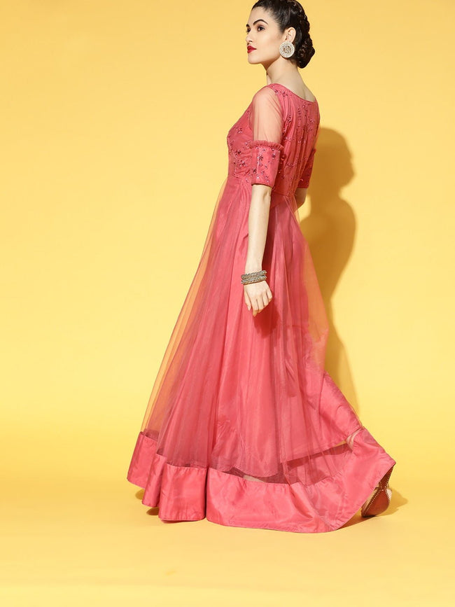 Net Pink Embroidered Work Designer Gown -
