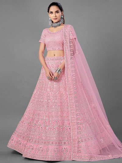 Pink Net Partywear Lehenga Choli - Inddus