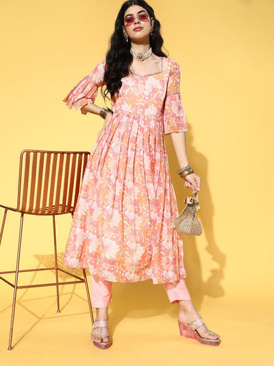 Pink & Orange Floral Printed Pleated Design Kurta with Trouser - Inddus.in