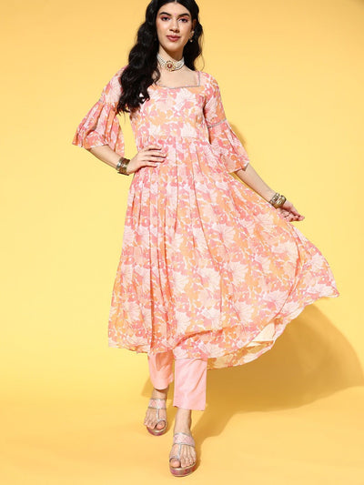 Pink & Orange Floral Printed Pleated Design Kurta with Trouser - Inddus.in