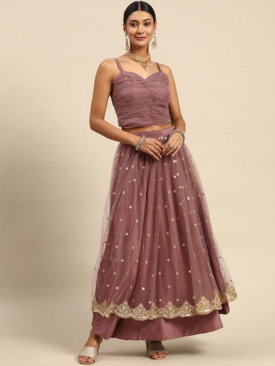 Pink Sequinned Semi-Stitched Lehenga & Ready to Wear Ruched Blouse - Inddus.in
