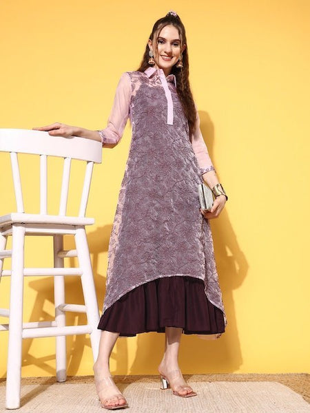 Pink Sheer Floral Embroidered Midi Ethnic Dress With Inner Inddus.in