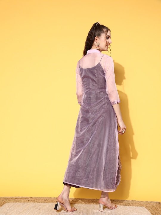midi inner dress Pink Sheer Floral Embroidered Midi Ethnic Dress With Inner Inddus.in