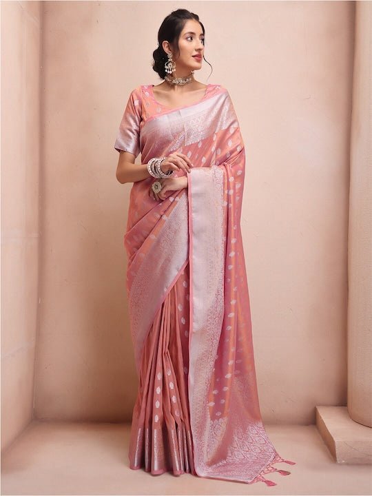 Pink Silver-Toned Woven Design Zari Tissue Kanjeevaram Saree