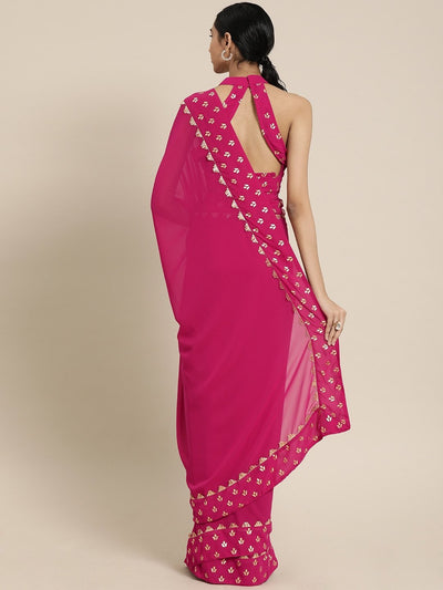 Pink Solid Poly Georgette Saree - Inddus