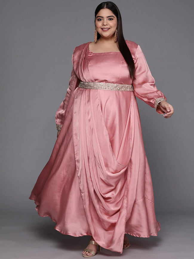 Pink Solid Satin Maxi Gown with Draped Dupatta–