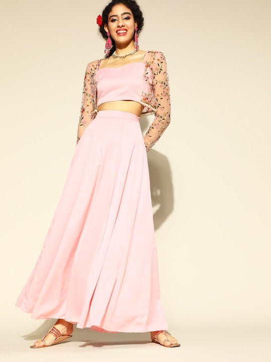 Pink Solid Top Skirt with Ethnic Jacket–1