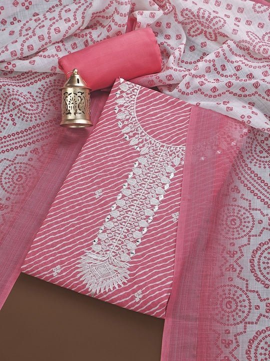 Pink & White Embroidered Linen Unstitched Dress Material