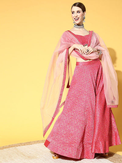 Pink Woven Design Semi-stitched Lehenga Choli With Dupatta - Inddus.in