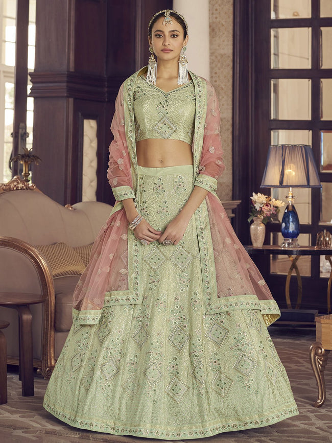 pista and pink lehenga combinations | WedAbout