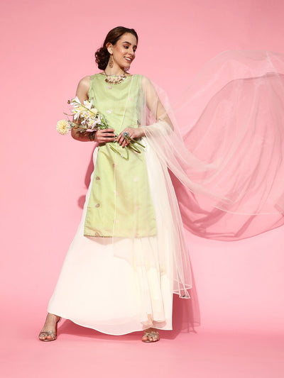 Pista Green Paisley Woven Kurta with Palazzo and Net Dupatta - Inddus.in