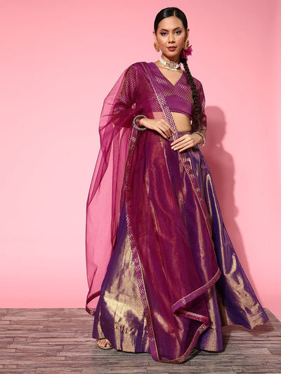 Pretty Purple Woven Design Semi-stitched Lehenga Choli With Dupatta - Inddus.in