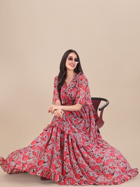 slim fit dress slacks Printed Georgette Maxi Fit And Flare Dress Inddus.in