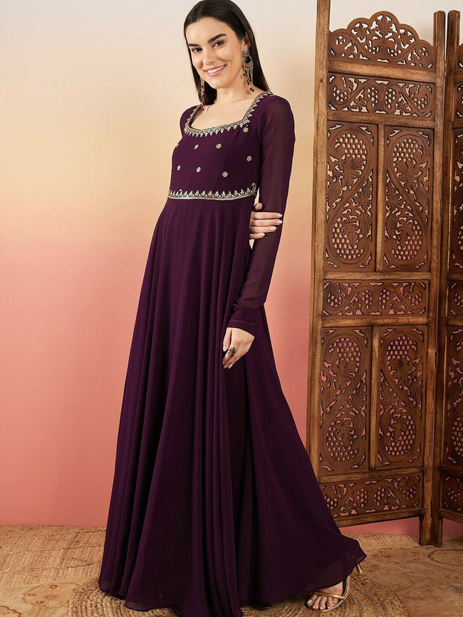 Purple Embroidered Fit \u0026 Flare Ethnic Dress– Inddus.in