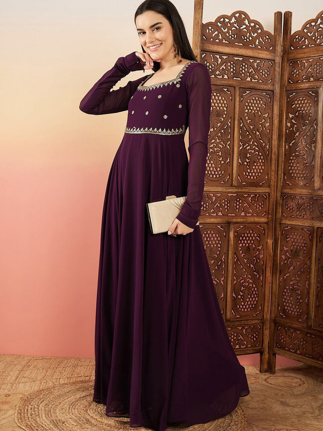 Purple Embroidered Fit Flare Ethnic Dress Inddus.in