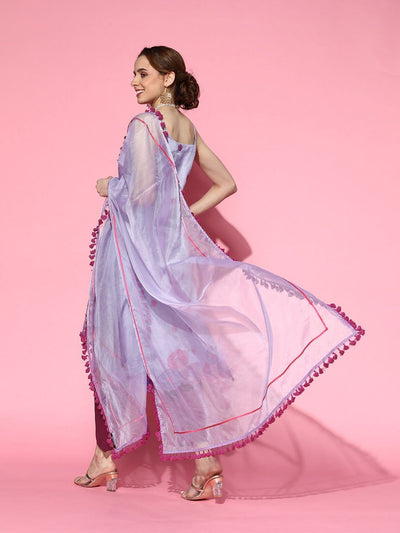 Purple Embroidered Organza Kurta with Pants and Dupatta - Inddus.in