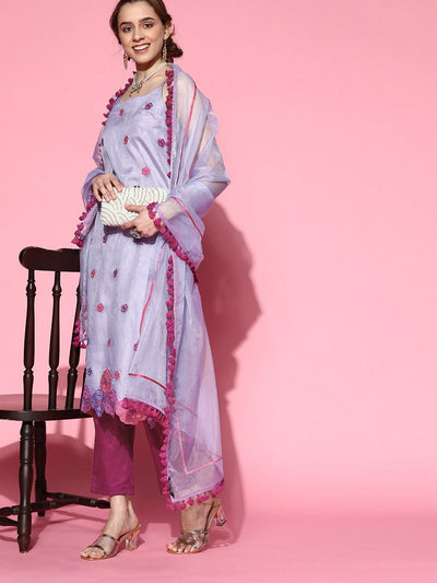 Purple Embroidered Organza Kurta with Pants and Dupatta - Inddus.in