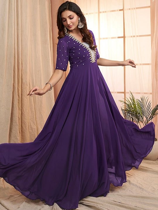 Purple Floral Embroidered V-Neck Georgette Maxi Ethnic Motifs