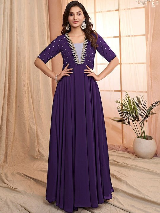 Purple Floral Embroidered V-Neck Georgette Maxi Ethnic Motifs