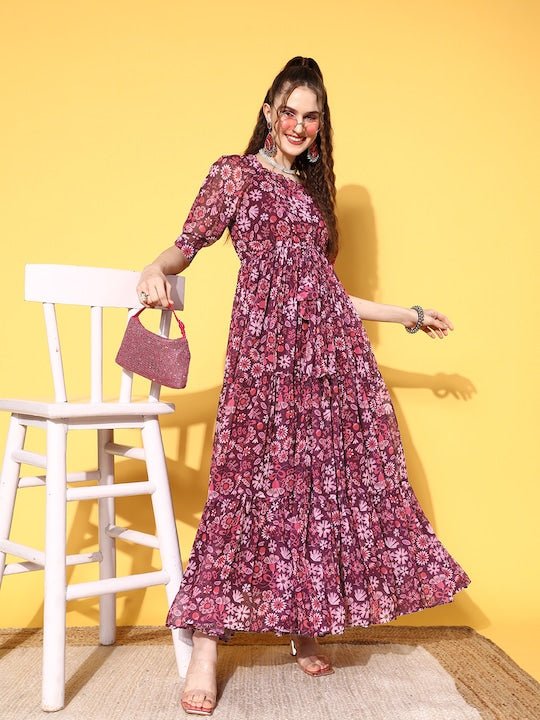Purple Floral Print Puff Sleeves Georgette Maxi Dress Purple Floral Print Puff Sleeves Georgette Maxi Dress