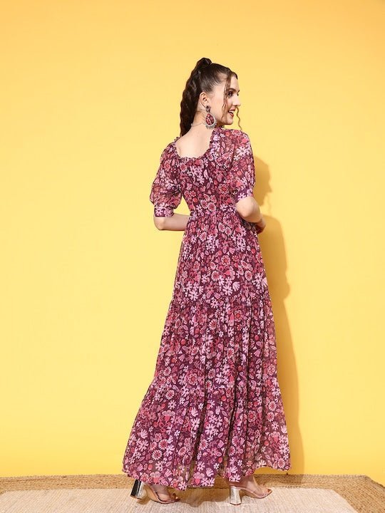 Purple Floral Print Puff Sleeves Georgette Maxi Dress