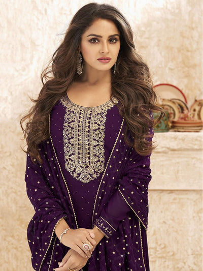 Purple Georgette Embroidered Straight Cut Suit - Inddus