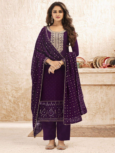 Purple Georgette Embroidered Straight Cut Suit - Inddus