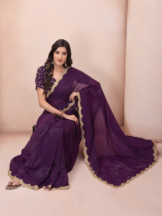 Purple Gold-Toned Embroidered Organza Saree–
