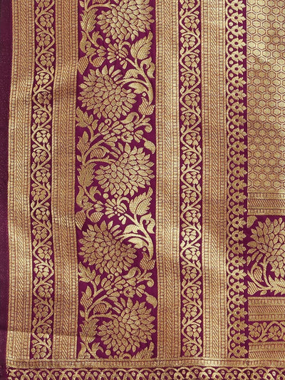 Purple & Golden Ethnic Motifs Zari Silk Blend Saree - Inddus.in