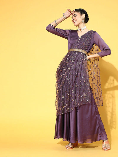 Purple Poly Silk Partywear Self Design Dresses - Inddus.in