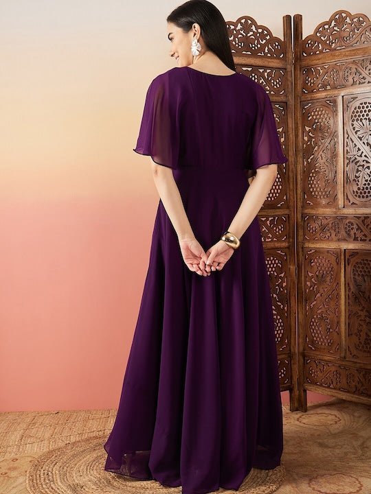 Purple Sequinned Flared Sleeves Georgette Maxi Ethnic Dresses