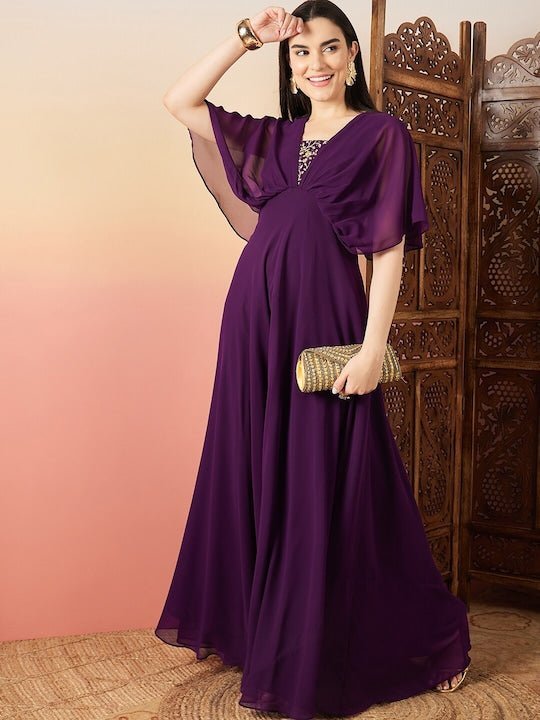 Purple Sequinned Flared Sleeves Georgette Maxi Ethnic Dresses