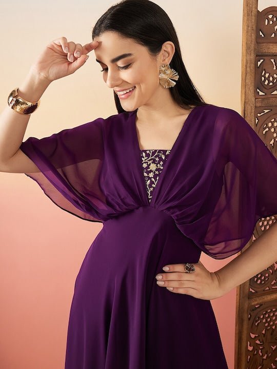 Purple Sequinned Flared Sleeves Georgette Maxi Ethnic Dresses Inddus.in