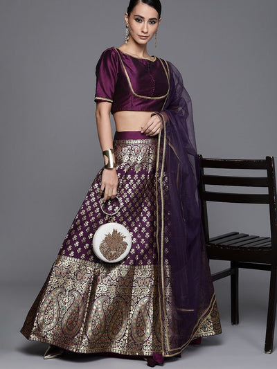 Purple Silk Blend Woven Lehenga Choli - Inddus