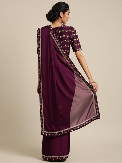 Purple Solid Silk Blend Saree - Inddus