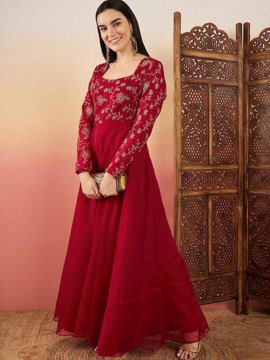 Red Floral Embroidered Flared Maxi Ethnic Dresses Inddus.in Red Floral Embroidered Flared Maxi Ethnic Dresses Inddus.in