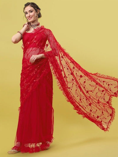 Red Floral Embroidered Ruffled Net Saree - Inddus.in