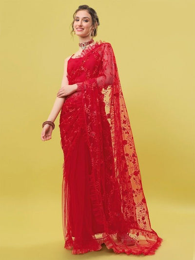 Red Floral Embroidered Ruffled Net Saree - Inddus.in