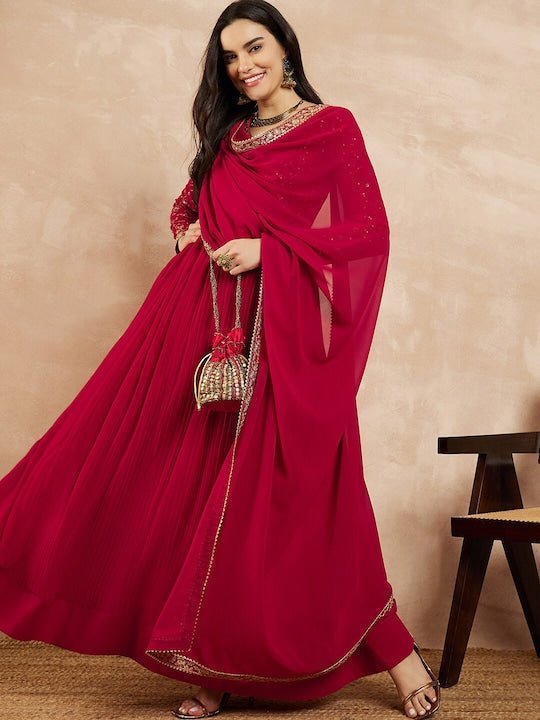 Red Floral Yoke Design Gotta Patti Georgette Anarkali Kurta With Dupat  Inddus.in