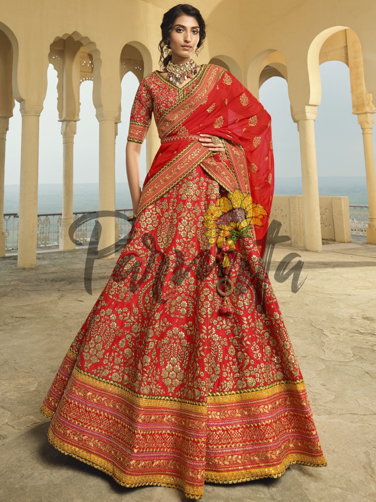Red choli on sale golden lehenga