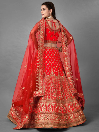 Red Satin Partywear Lehenga Choli - Inddus