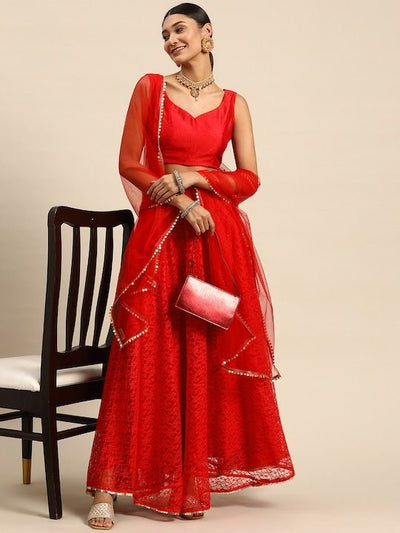 Red Sequinned Semi-Stitched Lehenga & Unstitched Blouse With Dupatta - Inddus.in