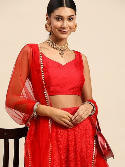 Red Sequinned Semi-Stitched Lehenga & Unstitched Blouse With Dupatta - Inddus.in