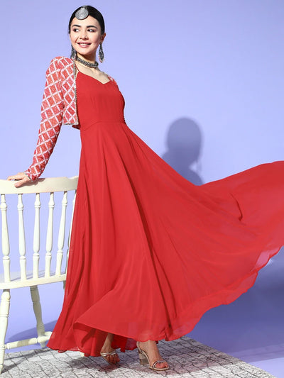 Red Solid Gown with Embroidered Jacket - Inddus.in