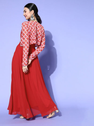 Red Solid Gown with Embroidered Jacket - Inddus.in